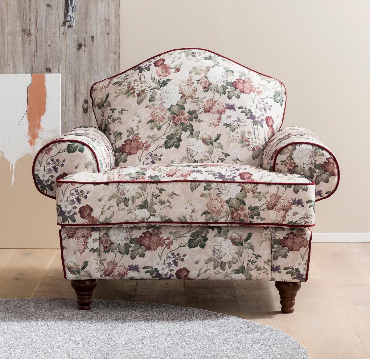 SESSEL creme Landhaus, Blumen Design, Loungesessel 110 cm - Rot/Multicolor, Holz/Textil (110/96/90cm) - Furn.Design