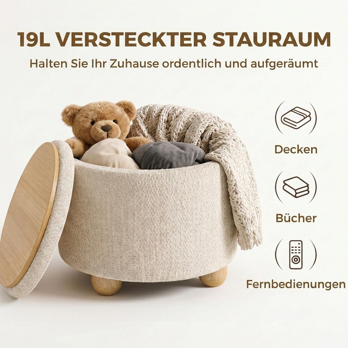 HOCKER-MIT-STAURAUM Polyester Beige - Beige, Holz/Textil (38.5/33.5/38.5cm) - HOMCOM
