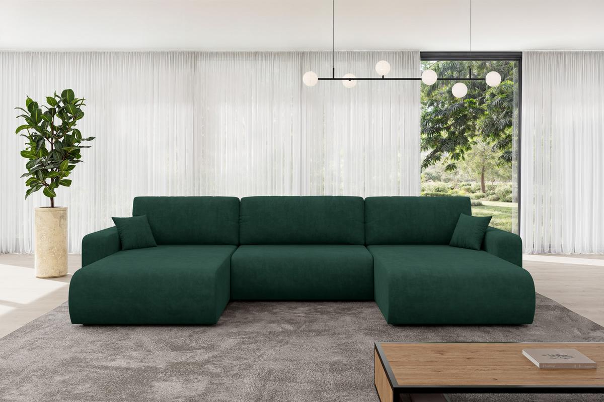 WOHNLANDSCHAFT mit Schlaffunktion und Bettkasten BERY-U 377x193x88 Grün Velours - Schwarz/Grün, Holzwerkstoff/Kunststoff (377/88/193cm) - ALTDECOR