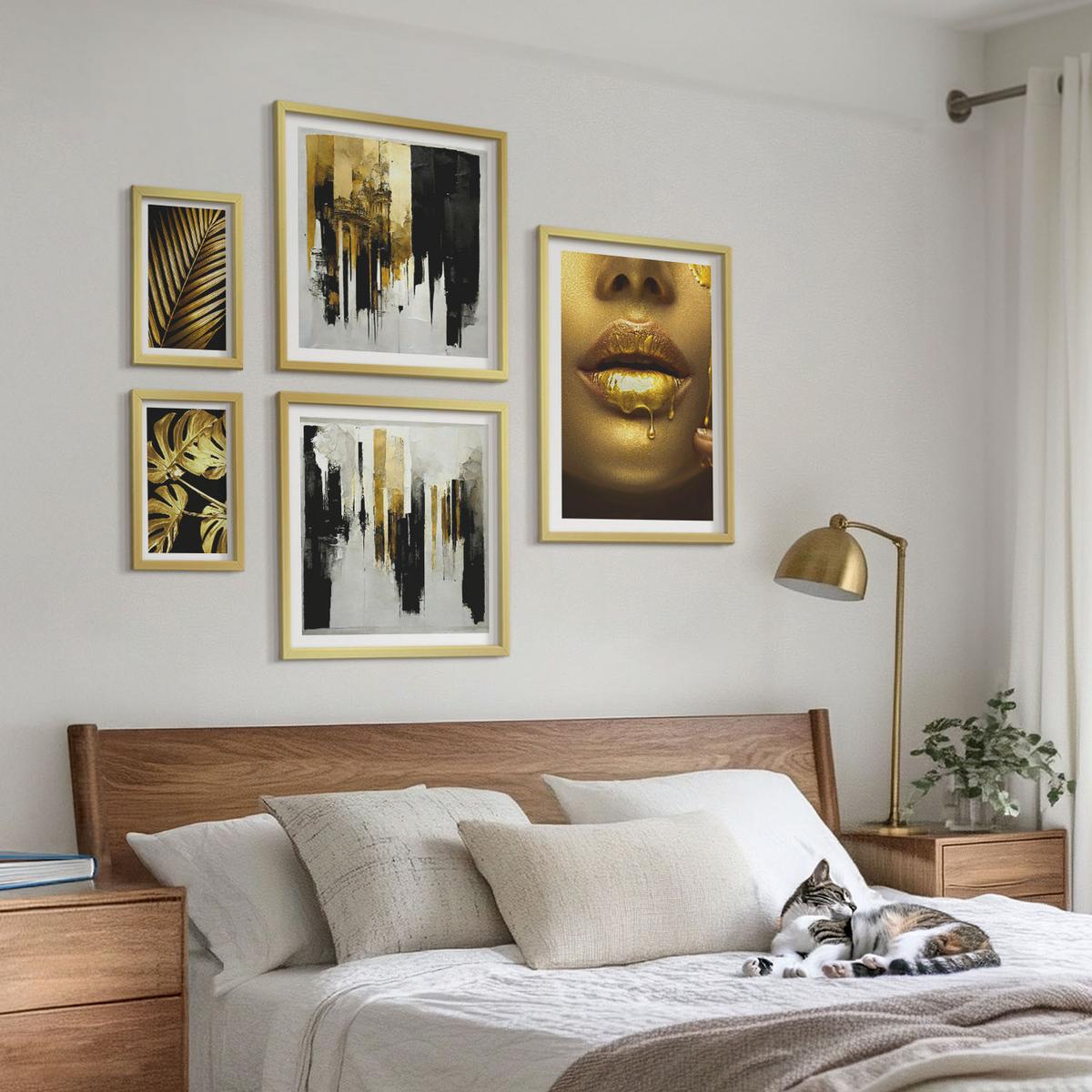 BILDER SET 5er Set - 50x50 cm & 20x30 cm & 40x60 cm Goldrahmen - Sonnenuntergangsbrücke Landschaft - Goldfarben, Kunststoff (40/60cm) - TULUP