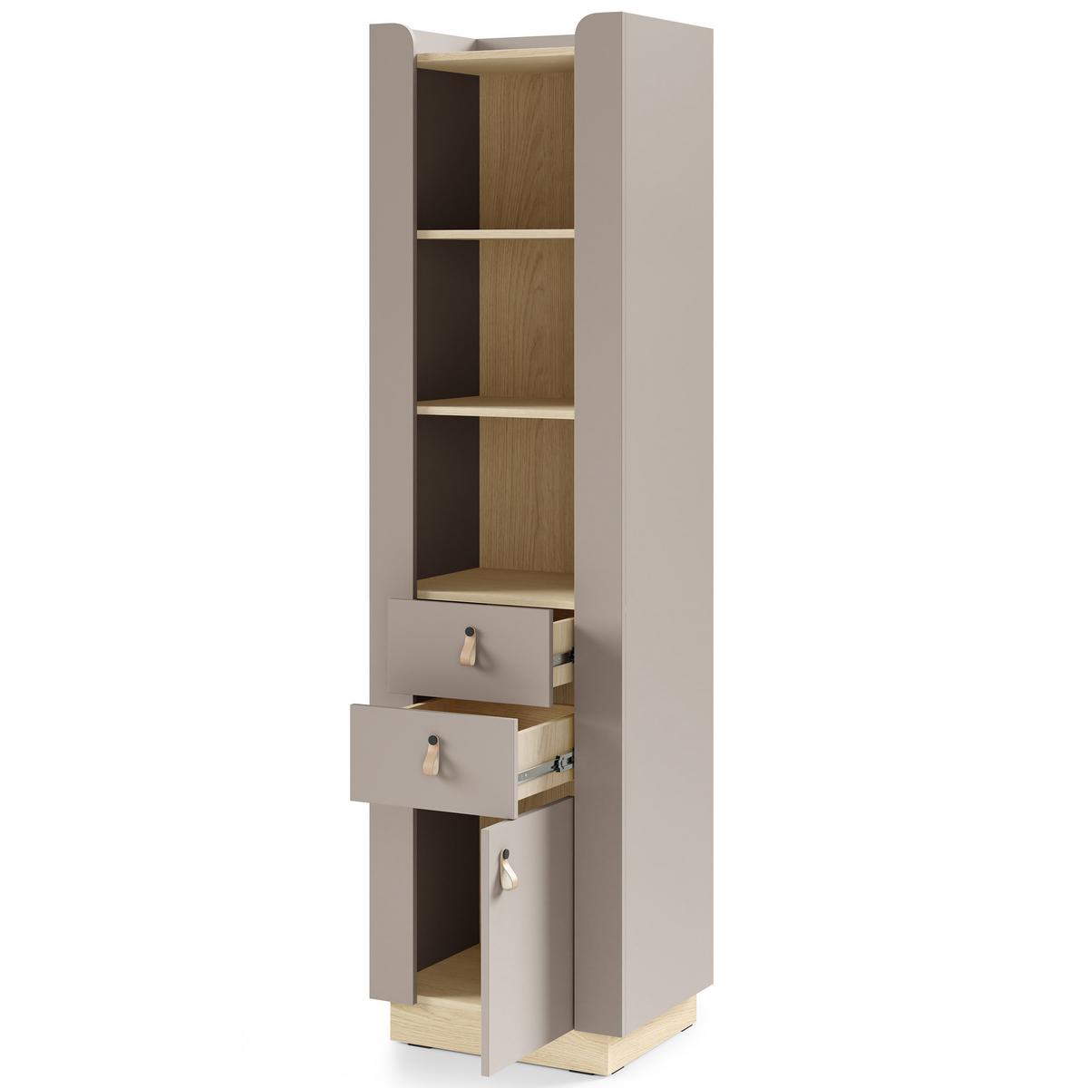 BÜCHERREGAL Sorella mit 1 Tür, 2 Schubladen und offenen Regalböden, Porcini + Eiche Mavelie - Eichefarben/Cappuccino, Leder/Holzwerkstoff (55/201/52cm) - Beautysofa