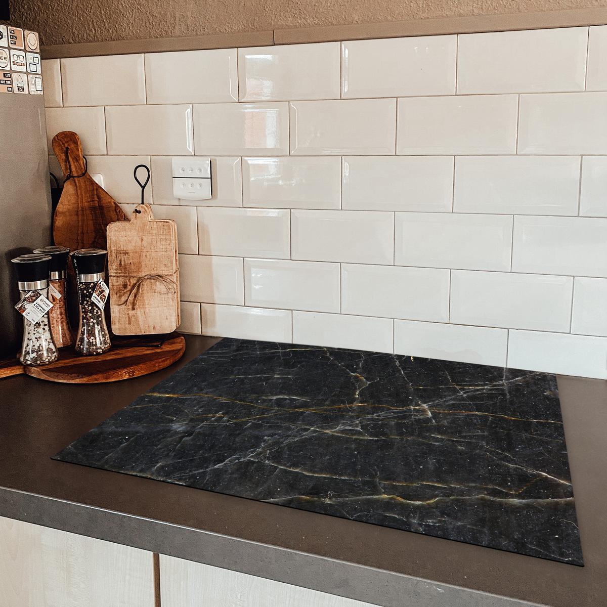 HERDABDECKPLATTE Marmor - Schwarz - Gold - Grau - Marmorstruktur Herdabdeckung Induktionsfeld 70x52 cm - Goldfarben, Kunststoff (70/52/0.2cm) - MuchoWow