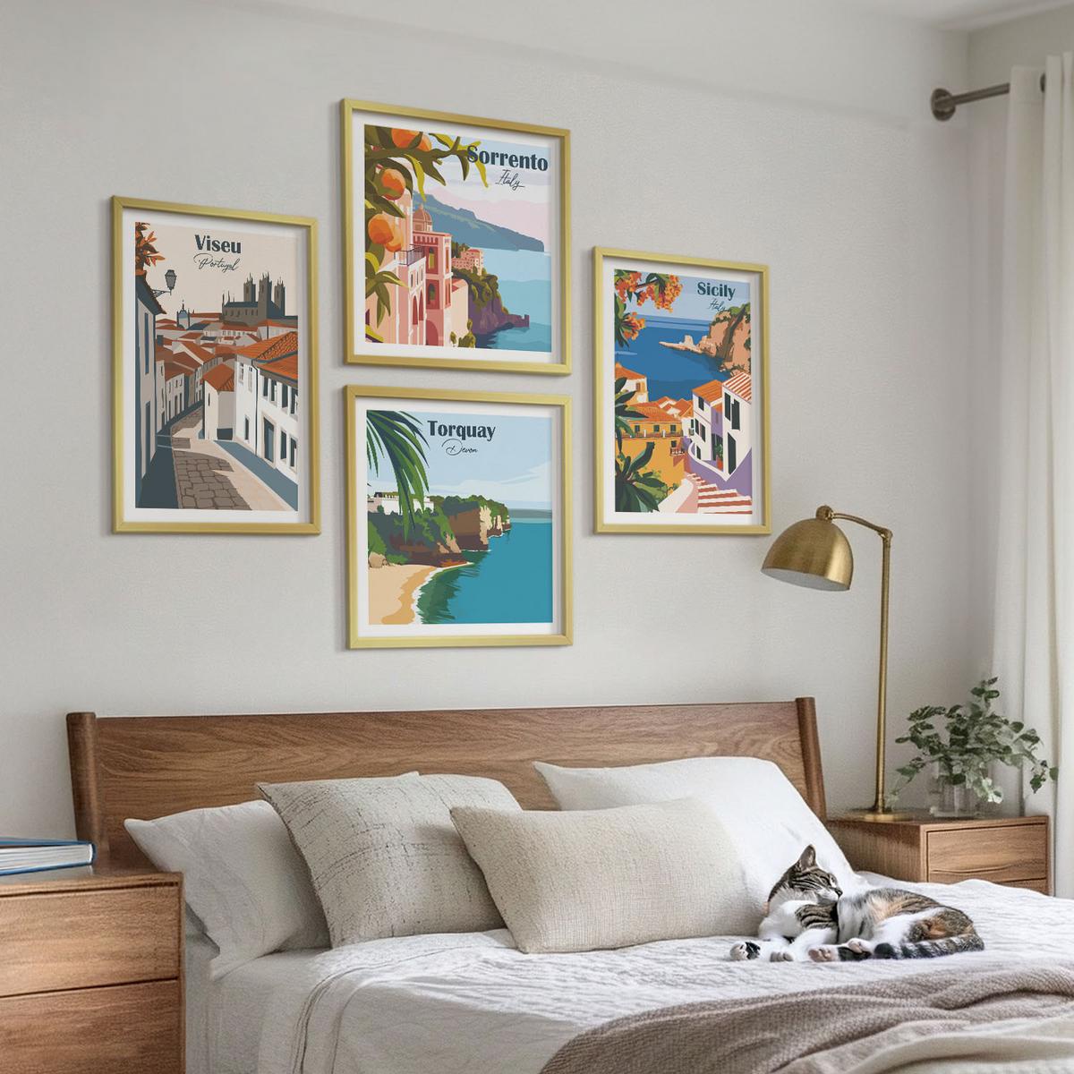 BILDER SET 4er Set - 50x50 cm & 40x60 cm Goldrahmen - Retro-Illustrationen von Weltstädten - Goldfarben, Kunststoff (50/50cm) - TULUP