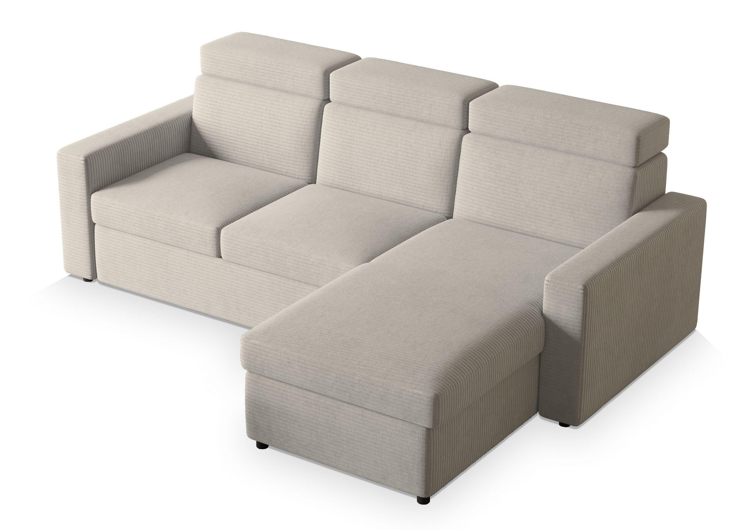 ECKSOFA PADWA Creme Kordstoff mit Schlaffunktion - Creme/Schwarz, Holz/Kunststoff (227/168cm) - MASSENO