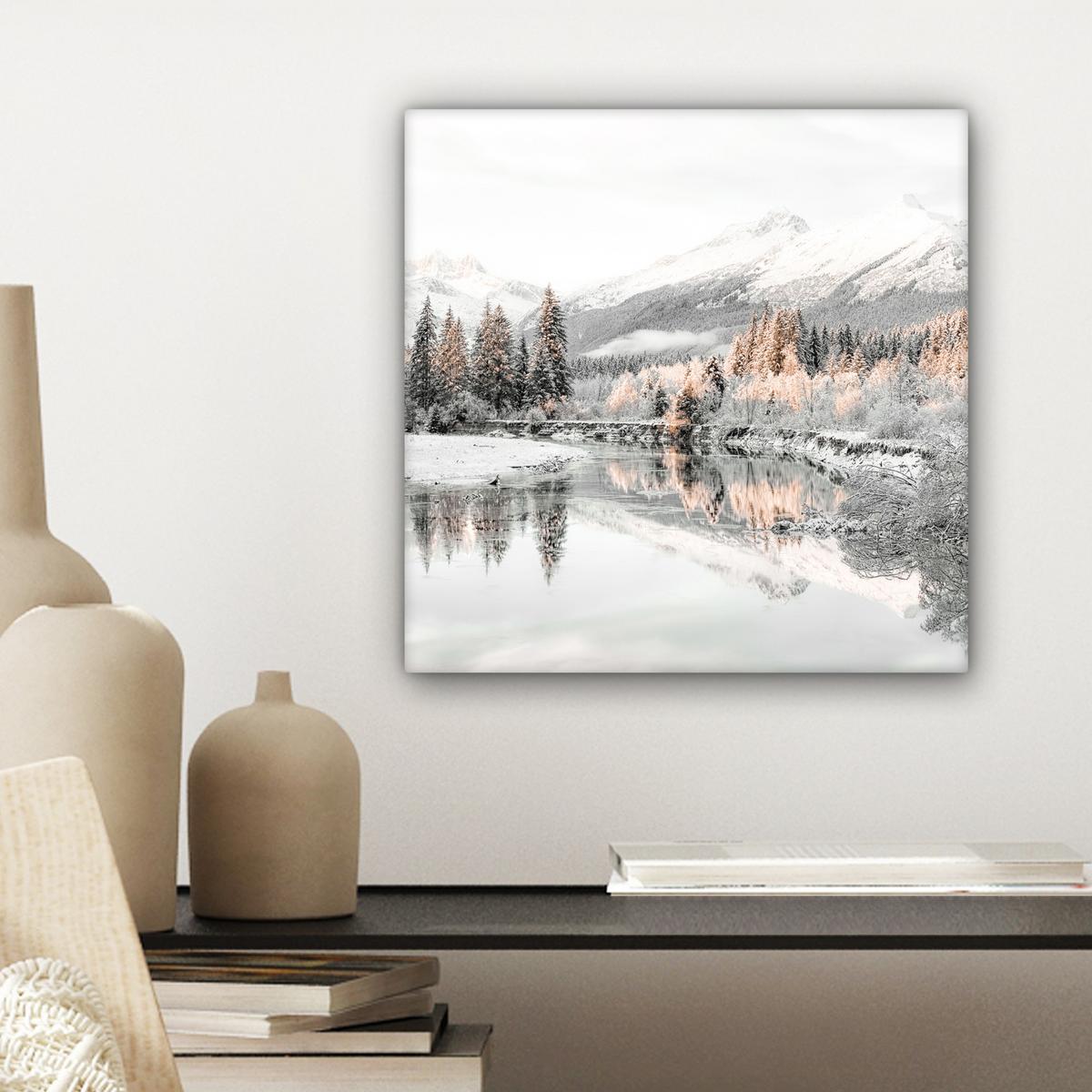 LEINWANDBILD Natur - Winter - Bäume - Berge - Schnee Deko Wohnzimmer 20x20 cm - Weiß Hochglanz, Textil (20/20cm) - MuchoWow