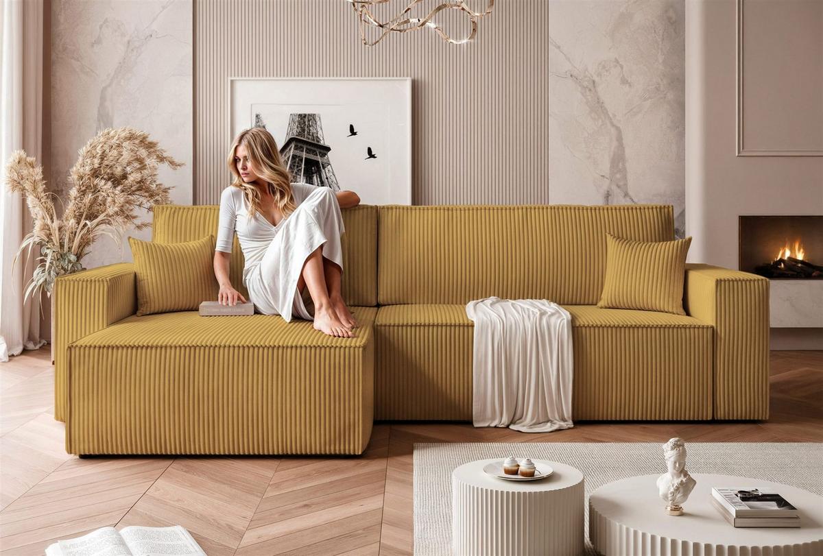 ECKSOFA Adara Max Mit Schlaffunktion - Gelb, Holzwerkstoff/Textil (276/145cm) - Fun Möbel