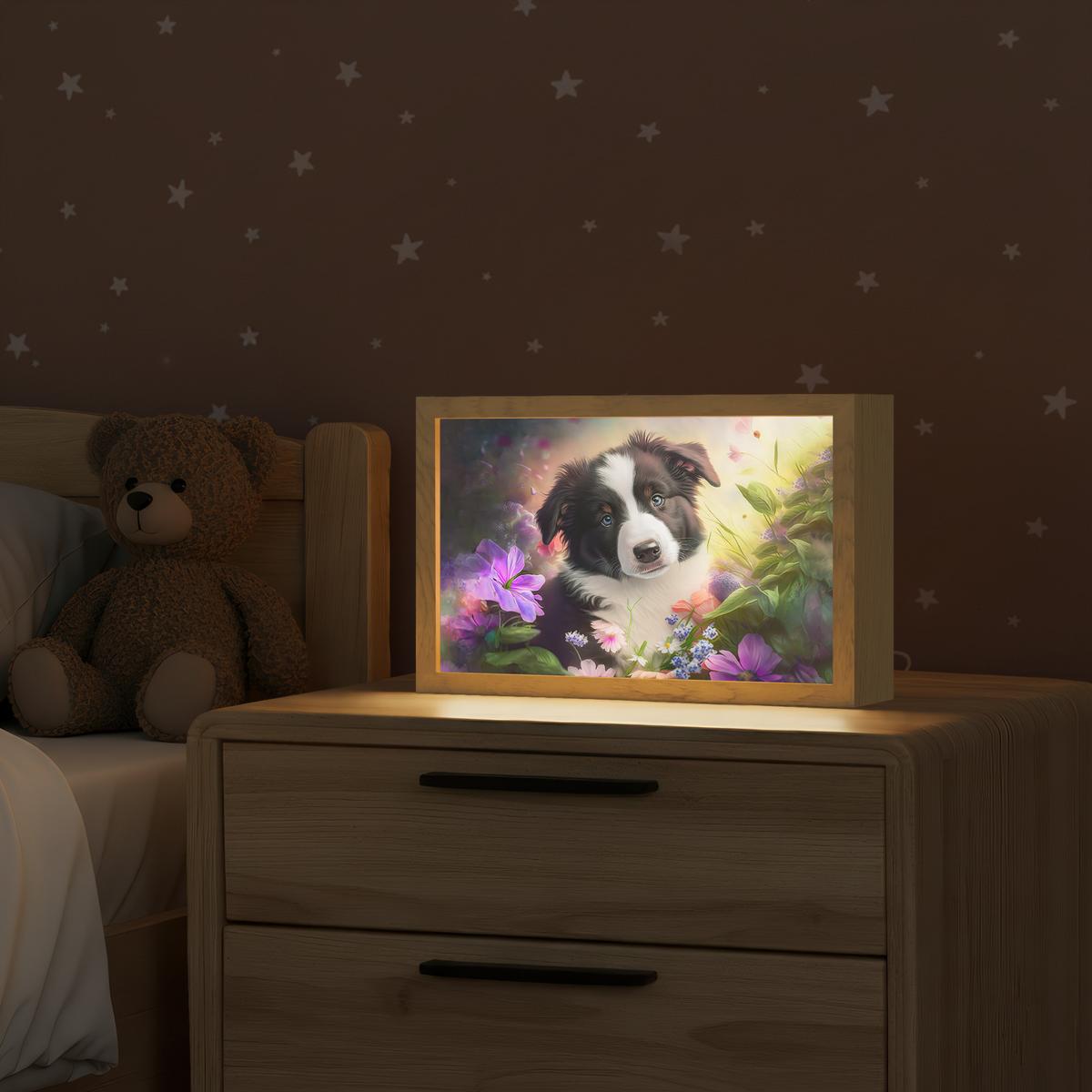 WANDLEUCHTE Welpe - Sonne - Blumen - Natur - Border Collie - Hund 30x20 cm - Violett, Holzwerkstoff (30/20/8cm) - OnlyWow