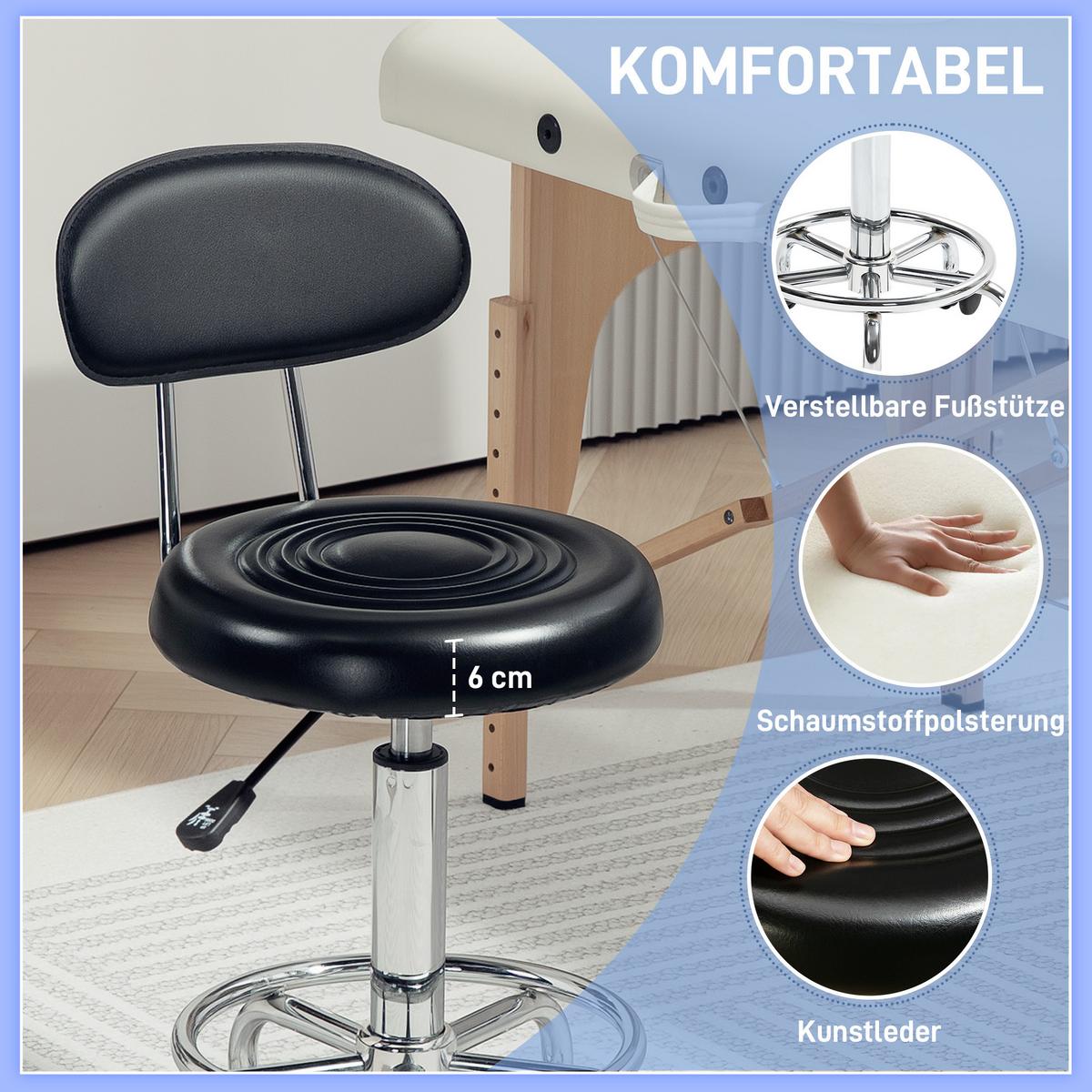 ROLLHOCKER höhenverstellbar Drehhocker Drehbar Salon Hocker mit Lehne, Rädern - Schwarz, Kunststoff (32/86/40cm) - HOMCOM