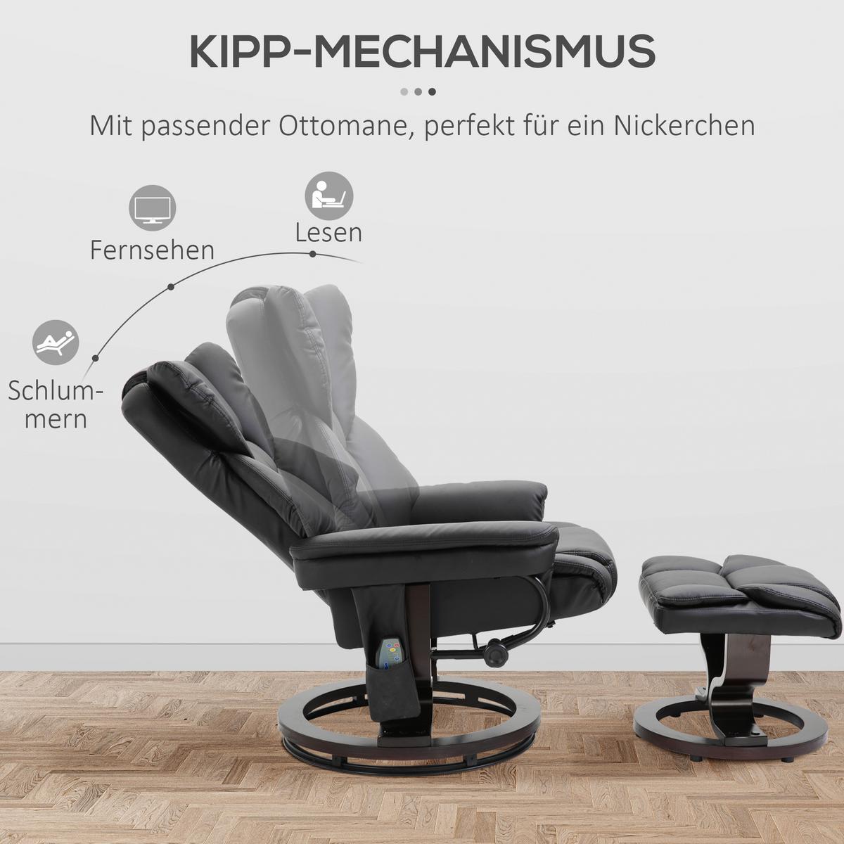 RELAXSESSEL Massagesessel mit Fußhocker Liegefunktion Schwarz 79 x 82 x 101 cm - Schwarz, Holz/Metall (82/101/79cm) - HOMCOM