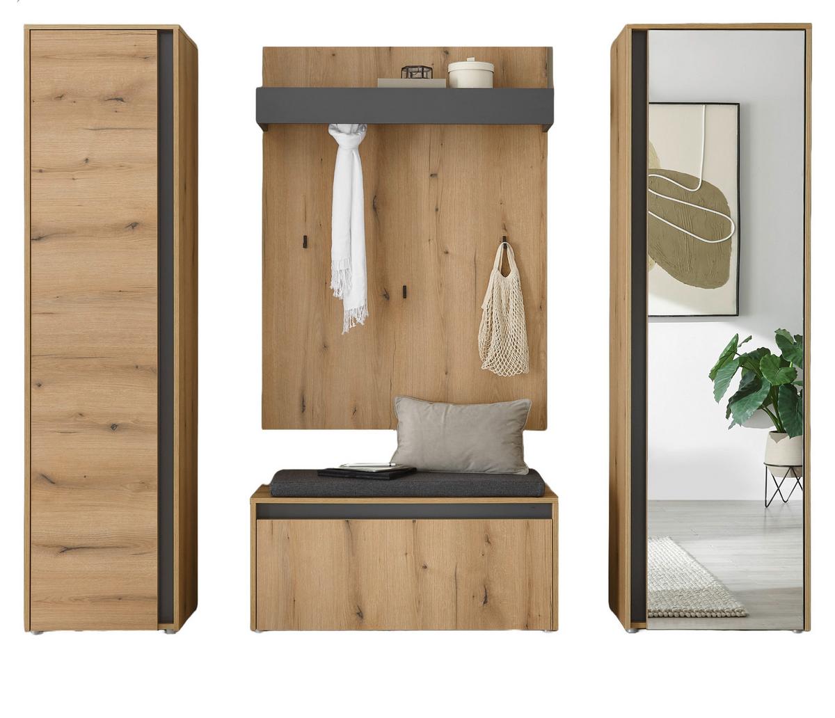 GARDEROBE-SET 5-teilig Evoke Eiche und Grau 230 cm, Flurgarderobe Komplett-Set inkl. Sitzkissen - Eichefarben/Schwarz, Glas/Holzwerkstoff (230/200/200cm) - Furn.Design