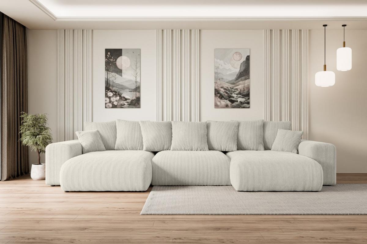 WOHNLANDSCHAFT mit Schlaffunktion ESKAR-U -364x176x72cm Creme Cord - Hellgrau/Creme, Holzwerkstoff/Kunststoff (364/72/176cm) - ALTDECOR