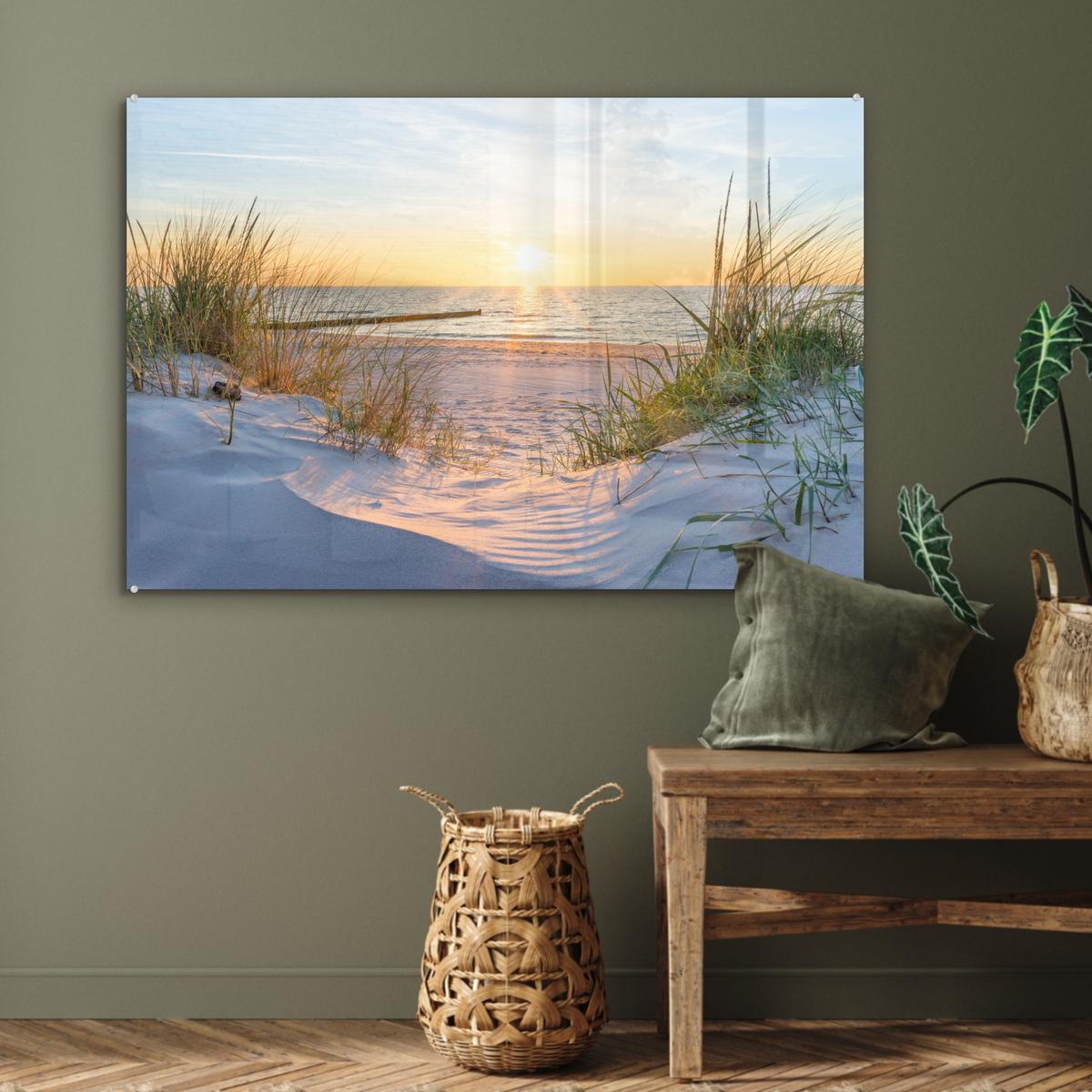 ACRYLGLASBILD Strand - Sonne - Düne - Gras - Sand - Horizont Wandbild Schlafzimmer 120x80 cm - Hellblau, Glas (120/80cm) - MuchoWow