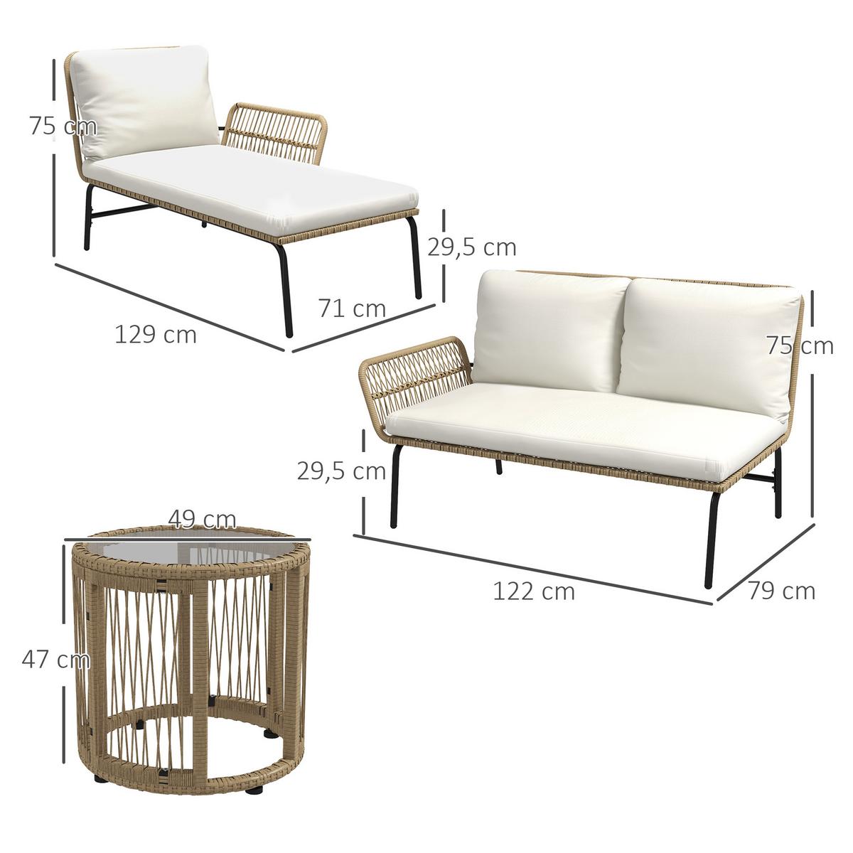 GARTENSET mit Sitzkissen, Balkonmöbel-Set für Garten, Terrasse, Creme - Naturfarben, Kunststoff - Outsunny