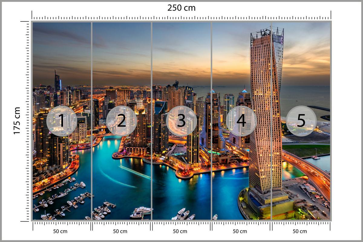 FOTOTAPETE für Büro Hochhäuser Dubai Marina Hafen Lichter Modern 250x175 - Türkis/Gelb, Papier (250/175cm) - Muralo