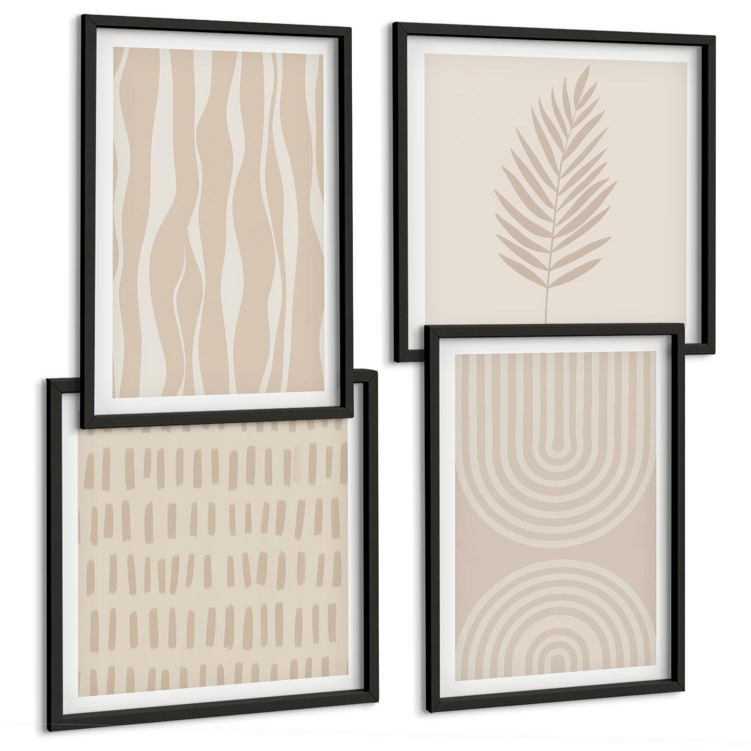 BILDER SET 4er Set - 50x50 cm & 40x60 cm Schwarzer Rahmen - Beige Pflanzenmuster - Schwarz, Kunststoff (50/50cm) - TULUP