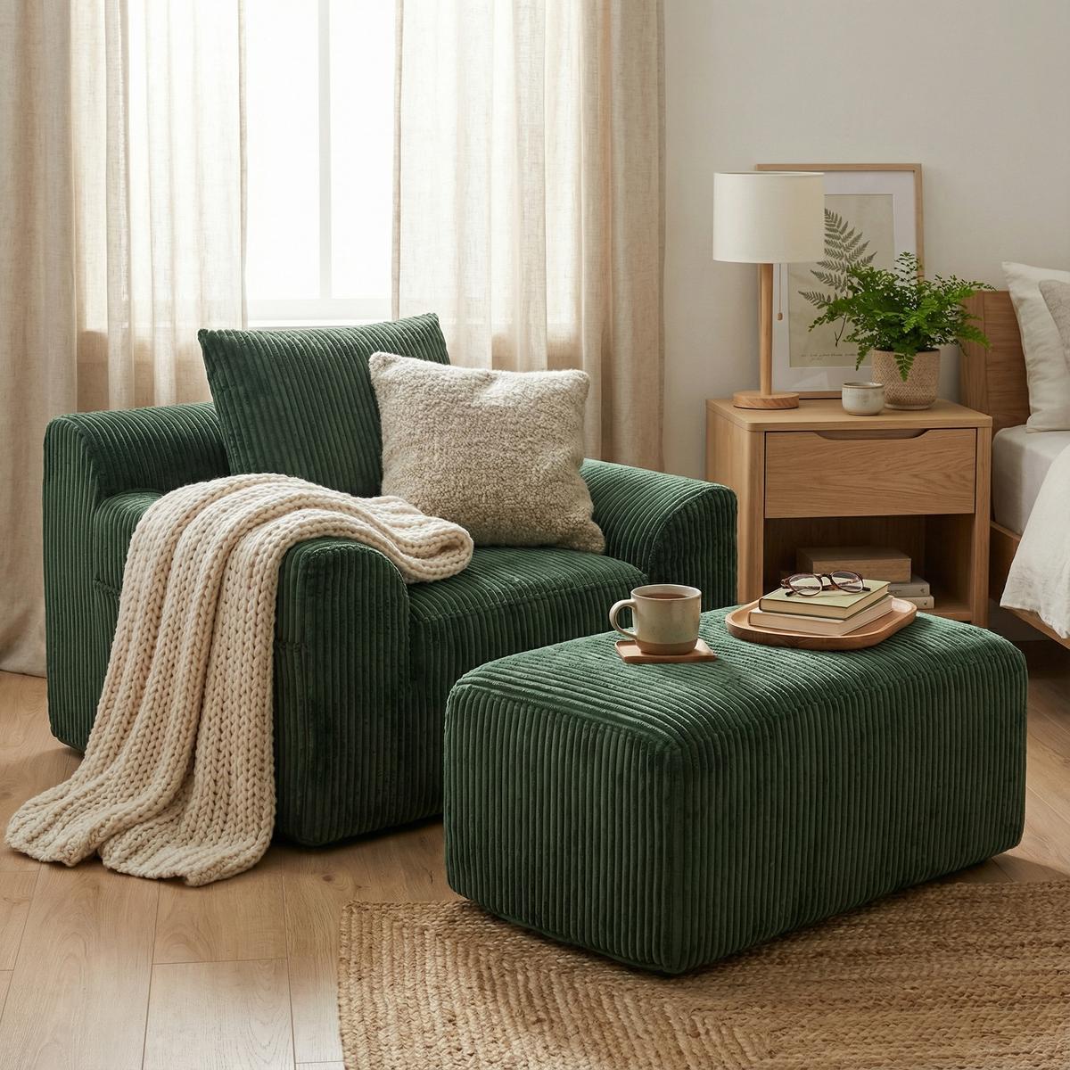 SESSEL mit Hocker in Cord Übergroßer Relaxsessel - Grün, Textil (110/67/147cm) - Urban Meuble