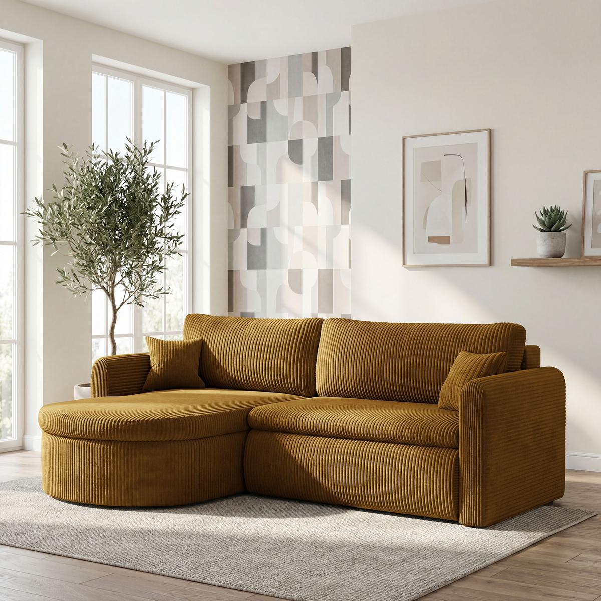 ECKSOFA Cora mit Schlaffunktion & Stauraum, Universell Rechts/Links, Senfgelb Cord Chenille 260/82/160 cm - Gelb/Schwarz, Kunststoff/Textil (250/160cm) - WFL GROUP