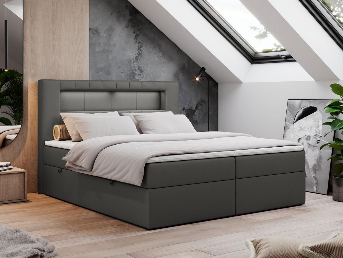 BOXBETT GOLD-5 LED 140/200 Dunkelgrau Kunstleder - H3 - Dunkelgrau, Holz/Textil (140/200cm) - MKS