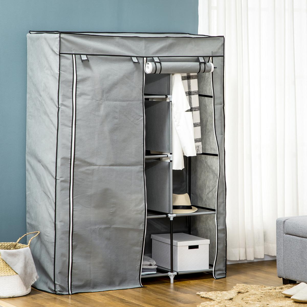STOFFSCHRANK, Faltschrank, Kleiderschrank mit Kleiderstangen, 8 Ebenen Hellgrau - Hellgrau, Metall (43/162.5/125cm) - HOMCOM