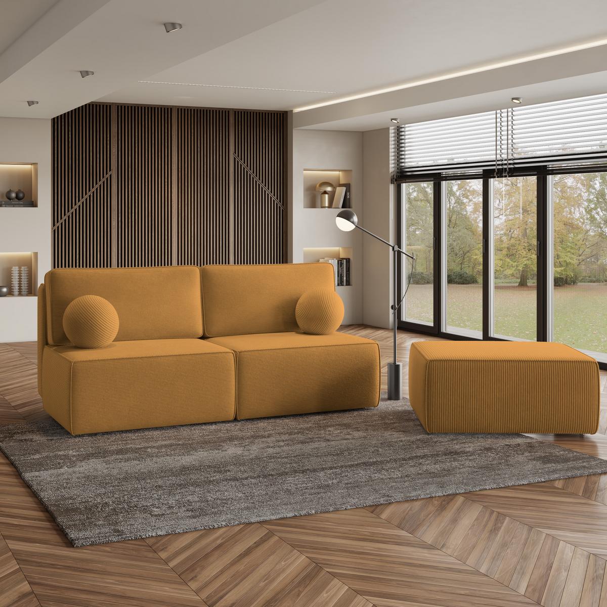 ECKSOFA VARNA P Gelb Kordstoff mit Schlaffunktion - Gelb/Grau, Holz/Kunststoff (196/158cm) - MASSENO