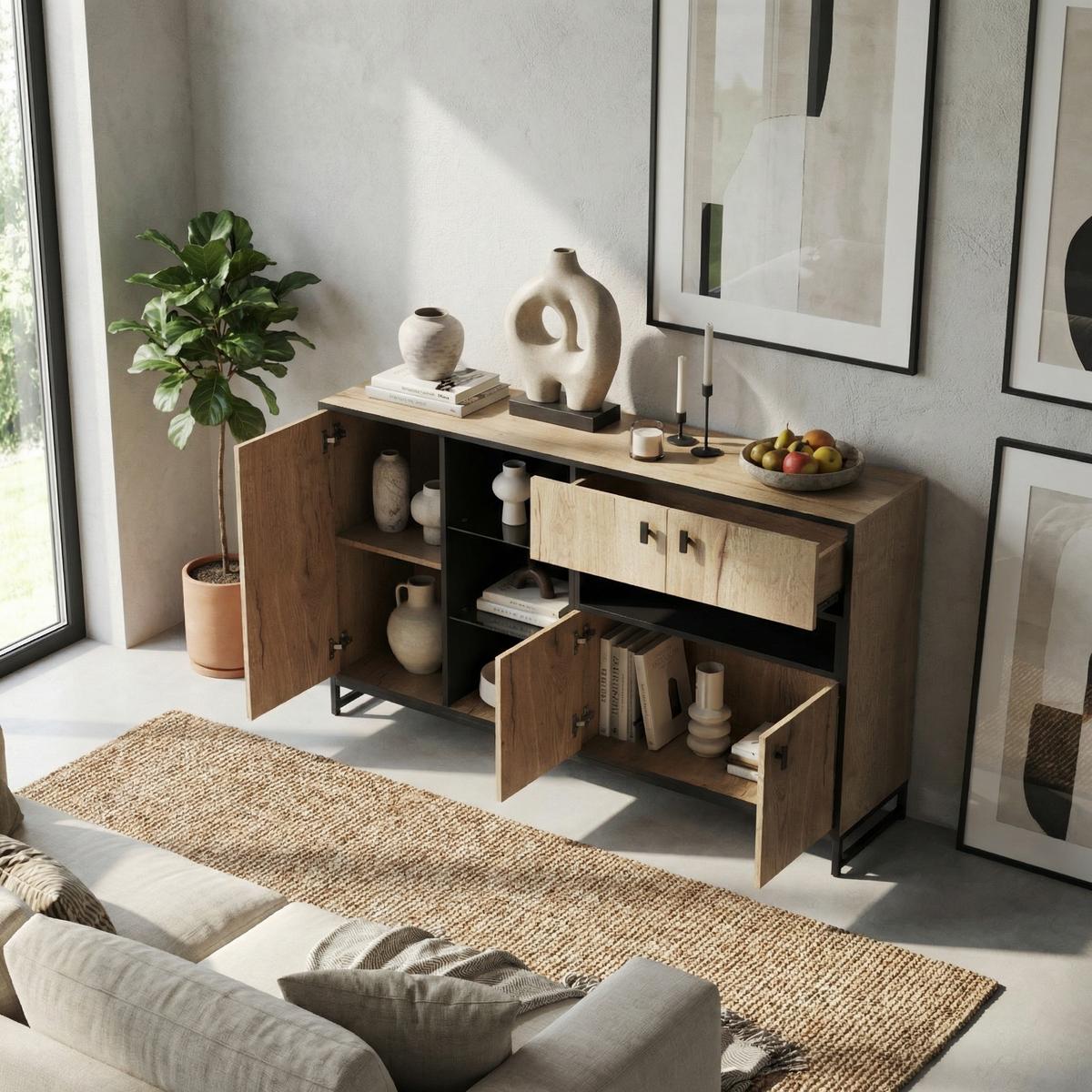 SIDEBOARD 160 cm Naturholz & Schwarz mit Doppeltüren, Glasregal & Metallrahmen im modernen Stil - Naturfarben, Holzwerkstoff (160/84.5/40cm) - Urban Meuble