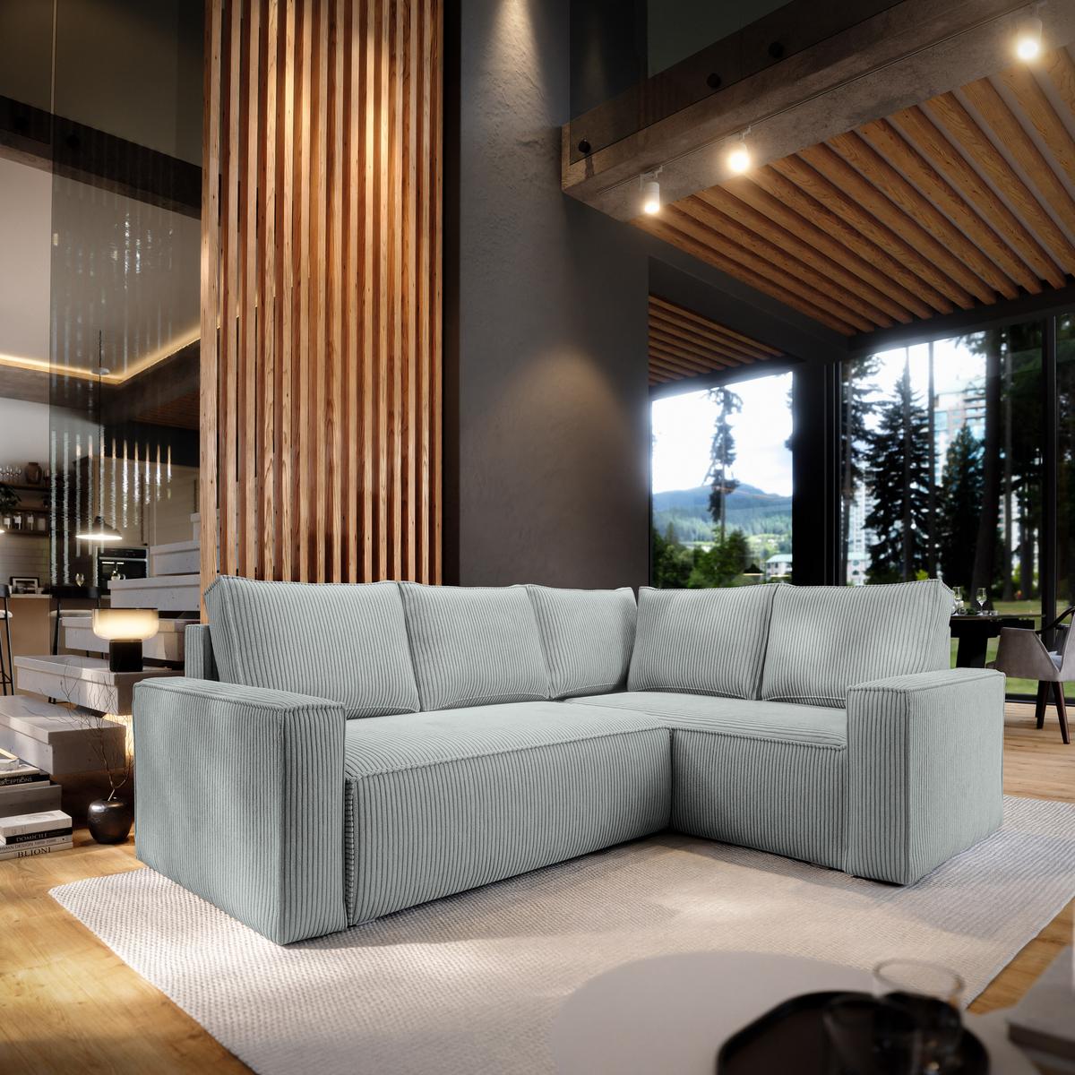 ECKSOFA ESTANO R-S Hellgrau Kordstoff mit Schlaffunktion - Hellgrau, Holz (230/158cm) - MASSENO