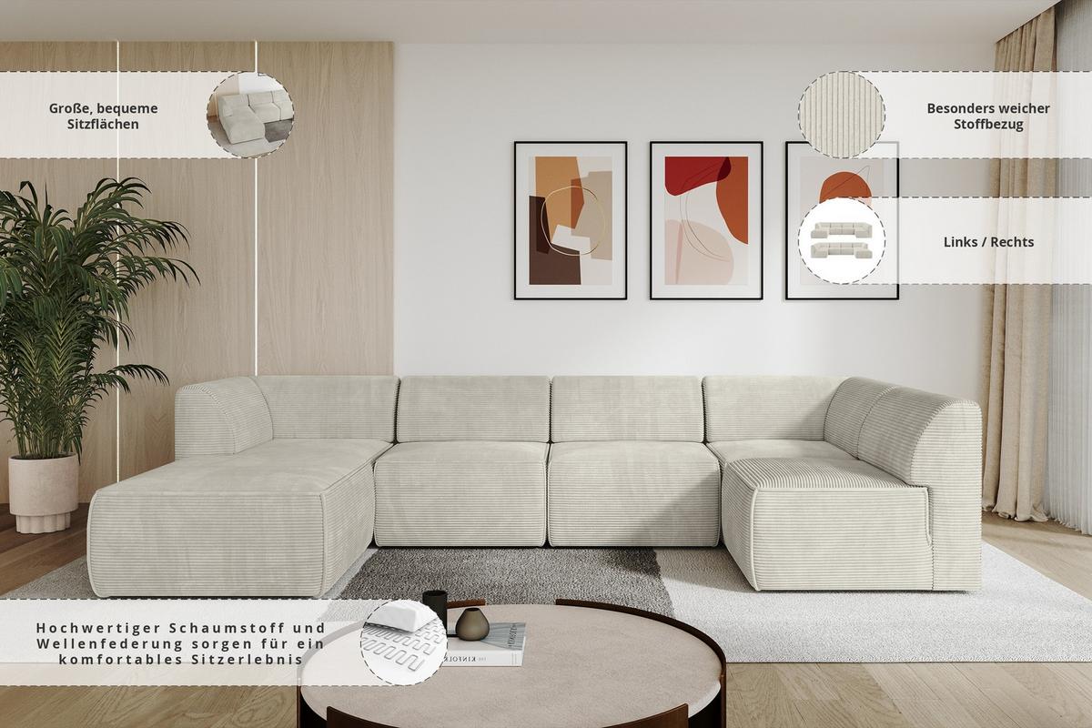 WOHNLANDSCHAFT Ottomane Links MOVO-L 345x180x78 cm Cream Cord - Creme, Holzwerkstoff/Kunststoff (345/78/180cm) - ALTDECOR