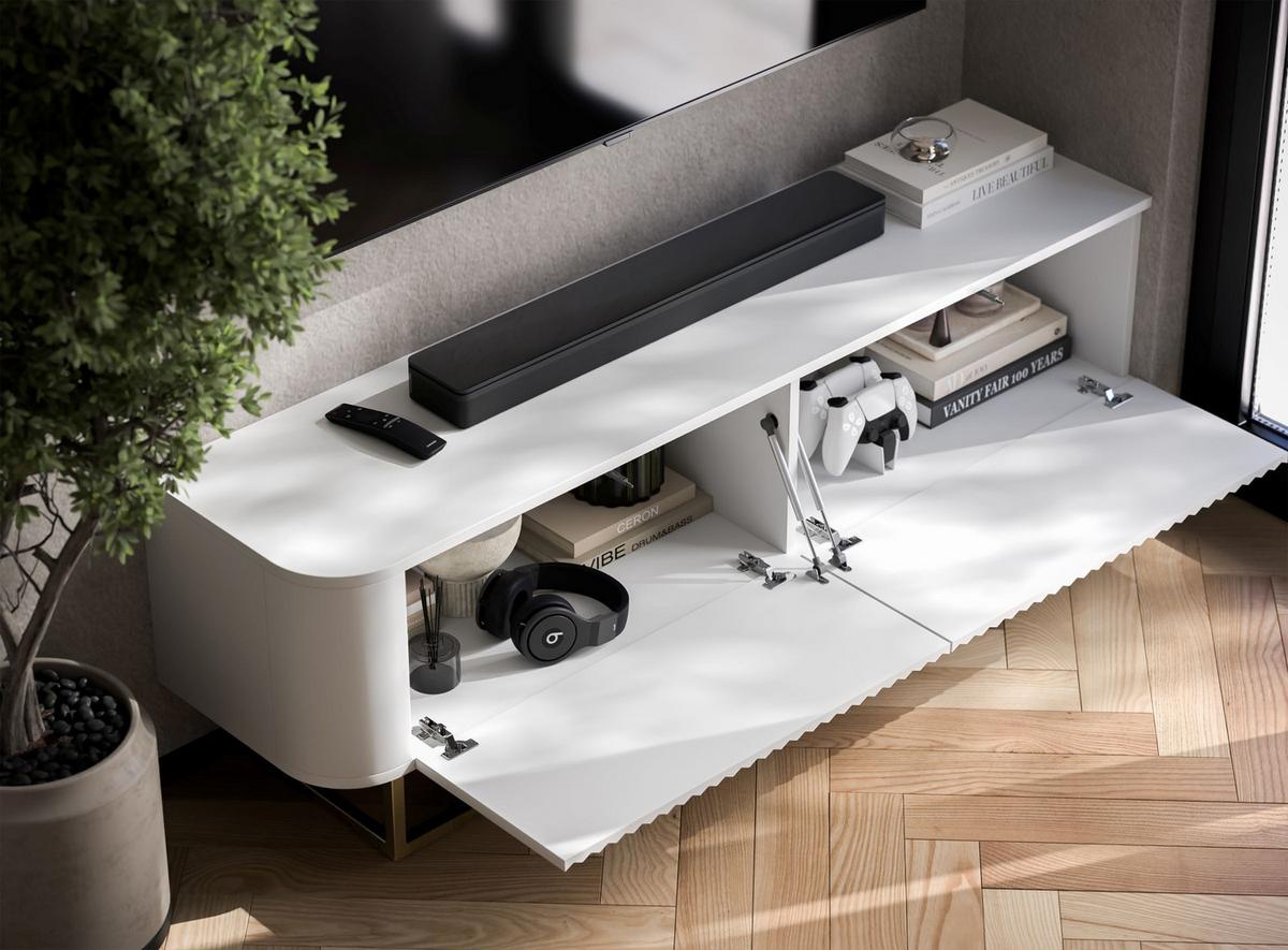 TV-LOWBOARD Aurora Weiß matt 140 cm mit goldenem Metallrahmen - Schwarz/Weiß, Holzwerkstoff/Metall (140/44/35cm) - Meble Lindner