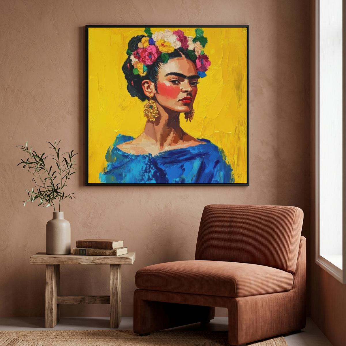 LEINWAND Bilder mit Rahmen - Frida Kahlo - Frau - Gelb - Blau - Blumen - 90x90 - Gelb, Textil (90/90cm) - MuchoWow