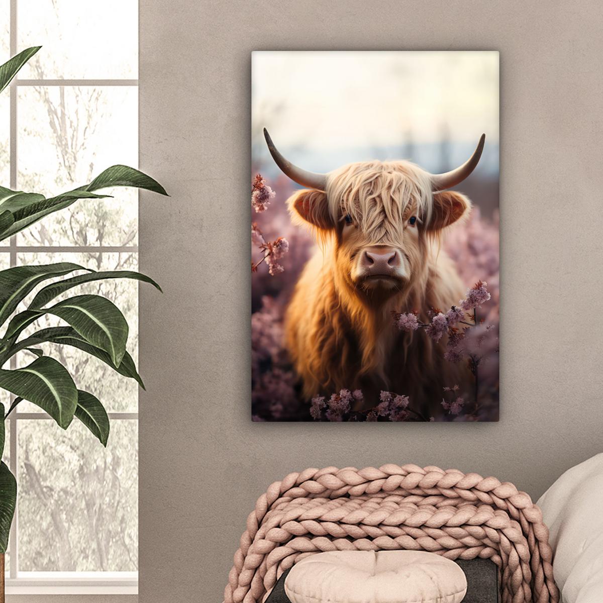 LEINWANDBILD Schottischer Hochländer - Frühling - Hochland Wanddeko 40x60 cm - Hellrosa, Textil (40/60cm) - MuchoWow