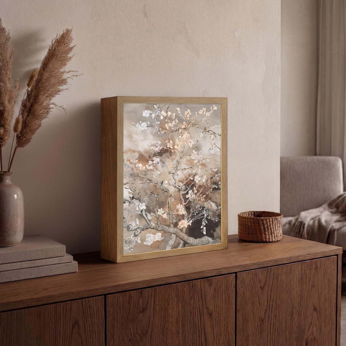 WANDLEUCHTE MIT AKKU Mandelblüte - Kunst - Van Gogh - Beige - Abstrakt 30x40 cm - Graubraun, Holzwerkstoff (30/40/8cm) - OnlyWow
