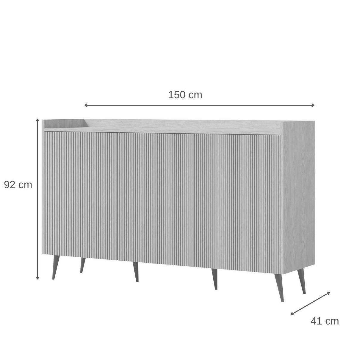 KOMMODE Amfali mit 3 Türen, geriffelte Fronten, Push-to-open, Metallbeine, 150 cm, Frühlings-Eiche - Eichefarben/Schwarz, Holzwerkstoff/Metall (150/92/41cm) - Beautysofa
