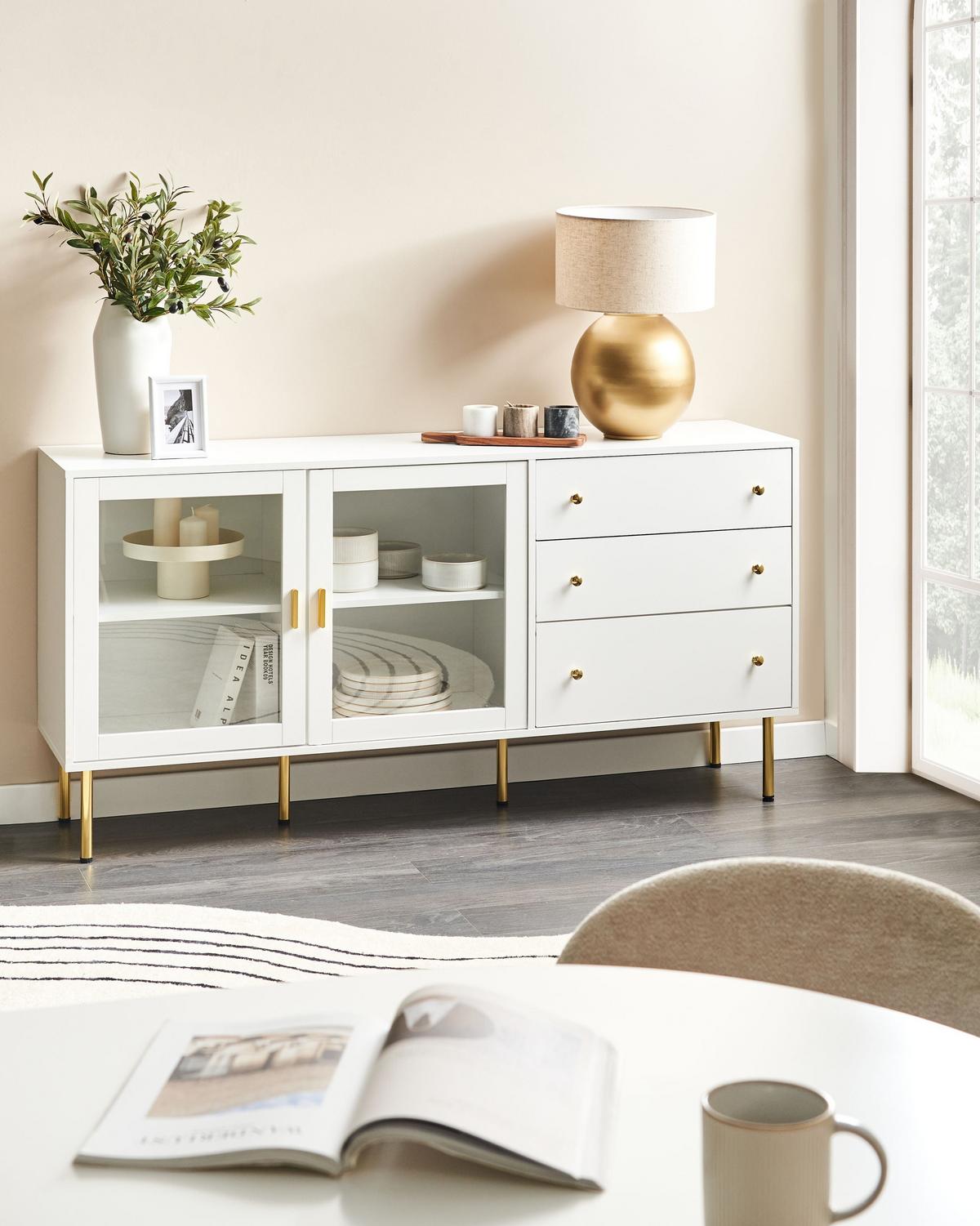 SIDEBOARD mit Glastüren 160 cm Weiß Milora - Weiß, Holzwerkstoff (160/80/40cm) - Beliani