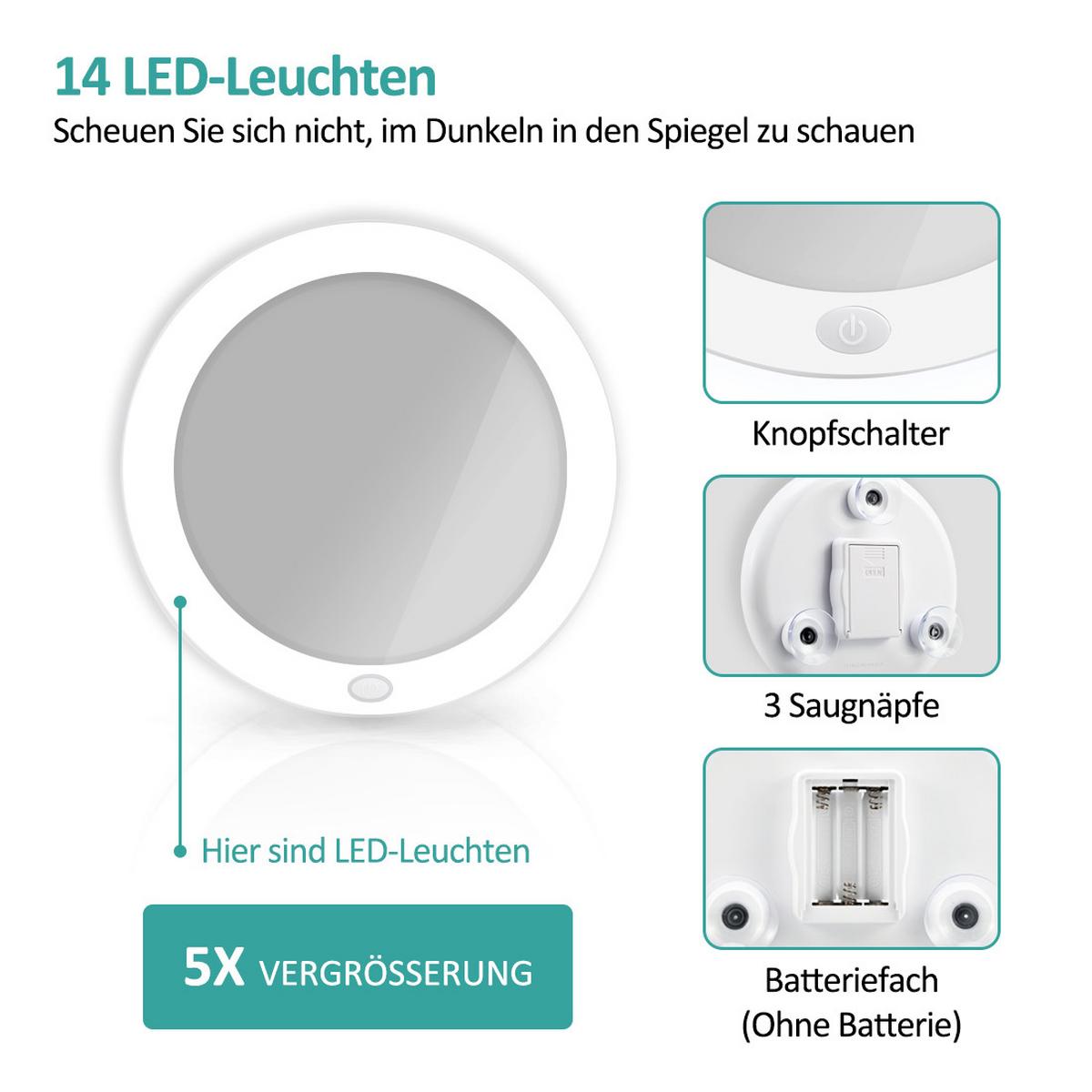 KOSMETIKSPIEGEL mit Licht mit Saugnapf 5X Vergrößerung Weiß ф16,5 cm - Weiß, Glas (16.5/16.5/16.5cm) - EMKE