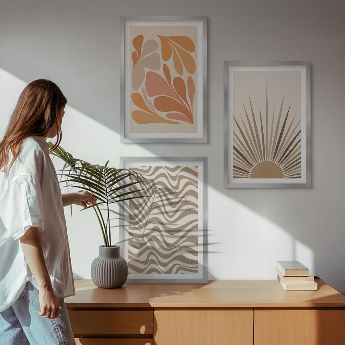 BILDER SET 3er Set - 40x60 cm Silberner Rahmen - Sonnen-Boho-Pastelltönen - Silberfarben, Kunststoff (40/60cm) - TULUP