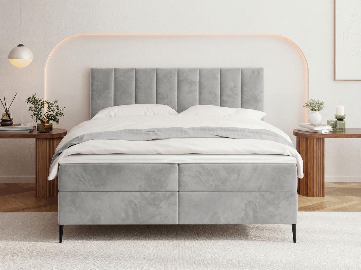 BOXBETT Allen mit Bettkasten, Samt Hellgrau 120x200 cm – inkl. H4 Taschenfederkern Matratze & Foam Topper - Hellgrau/Schwarz, Textil/Metall (120/200cm) - WFL GROUP