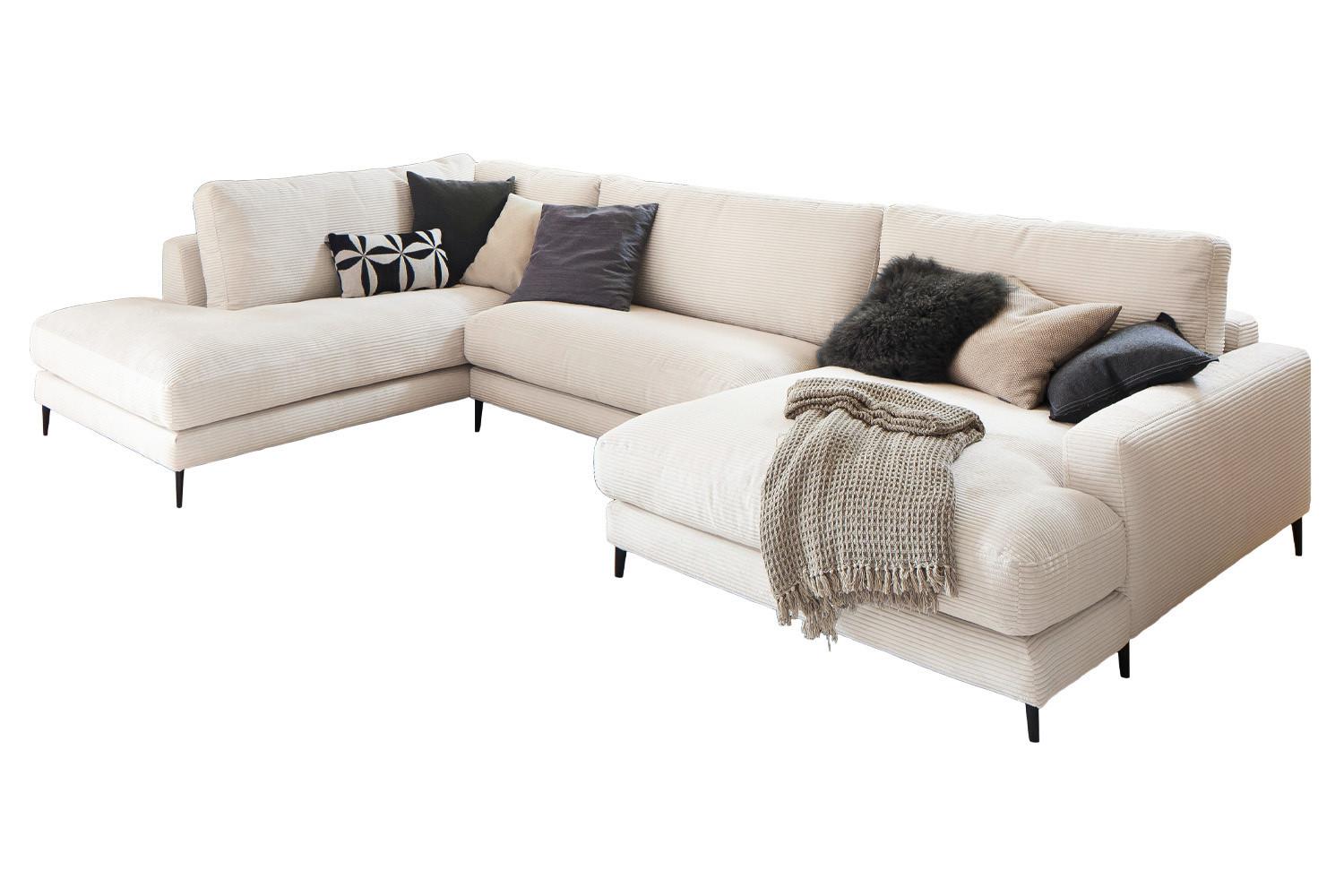 WOHNLANDSCHAFT CARA Cremeweiß Cord - Creme/Schwarz, Textil (341/84/223cm) - KAWOLA