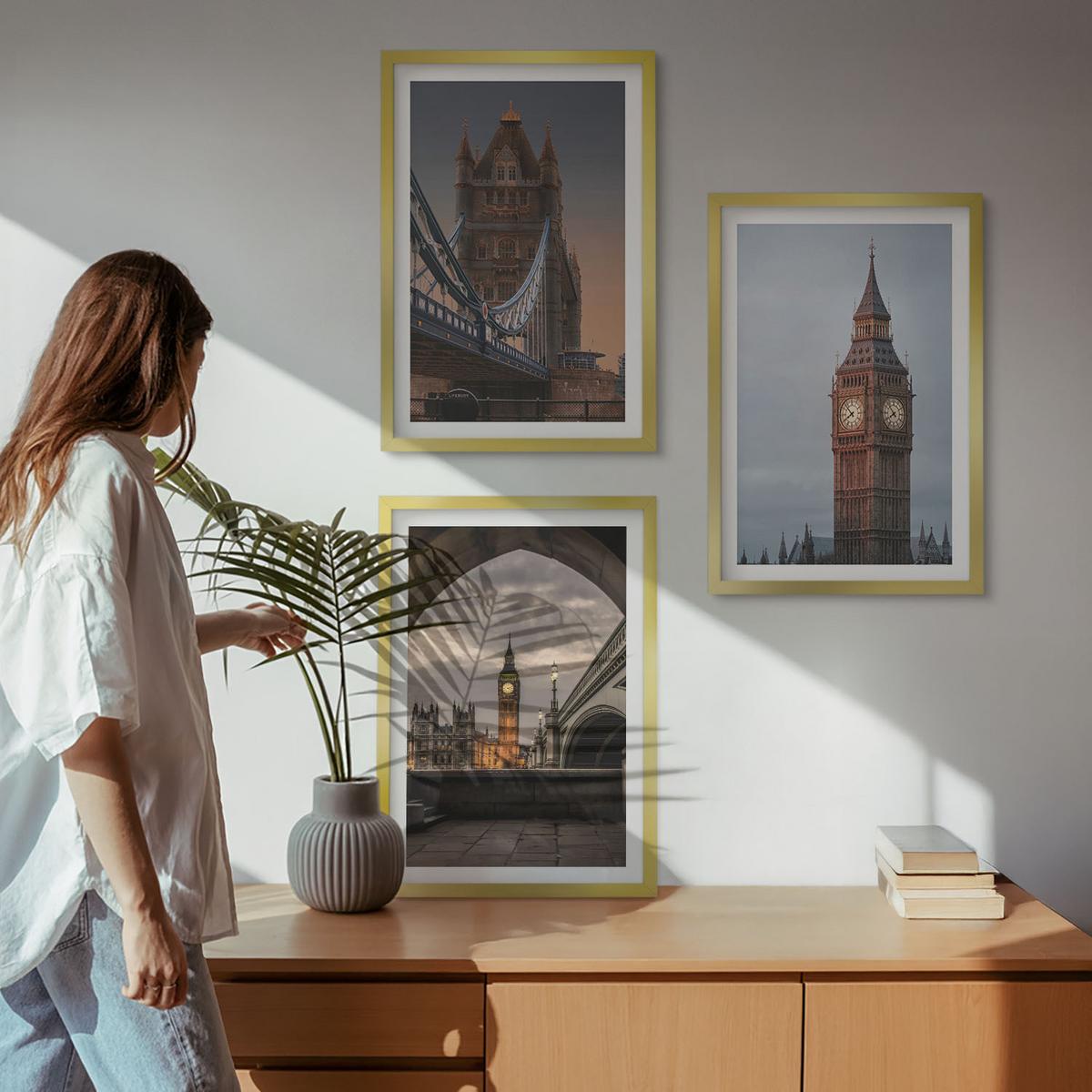BILDER SET 3er Set - 40x60 cm Goldrahmen - London Bridge Big Ben Uhr - Goldfarben, Kunststoff (40/60cm) - TULUP