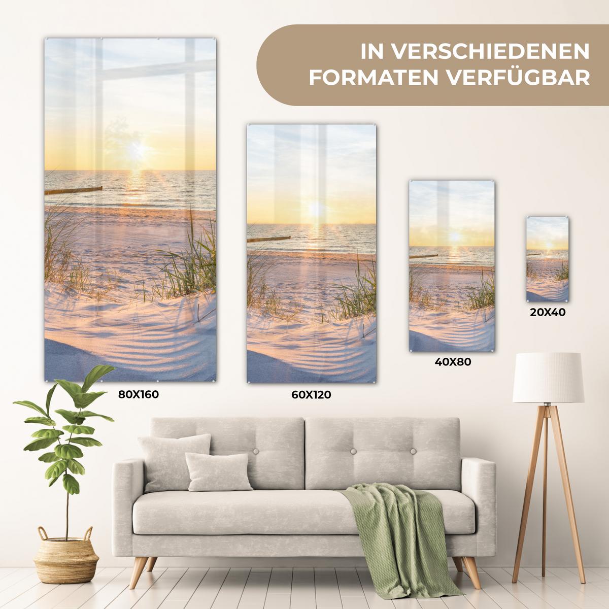 ACRYLGLASBILD Strand - Sonne - Düne - Gras - Sand - Horizont 60x120 cm - Hellblau, Glas (60/120cm) - MuchoWow
