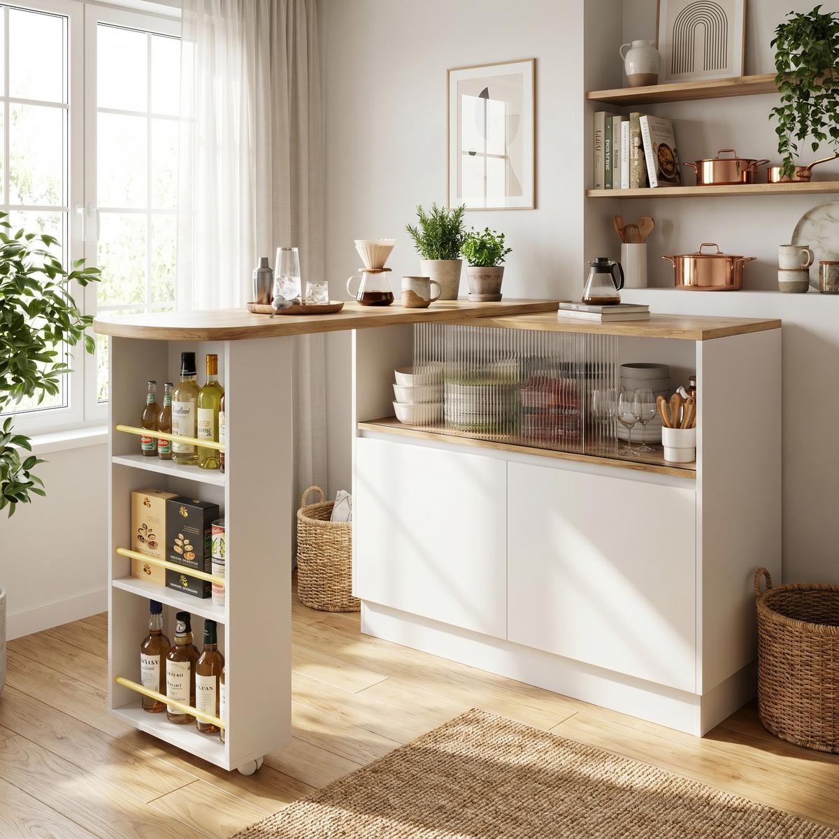 BARSCHRANK 360° drehbar & schwarz mit glastüren & flexiblem bartisch - Weiß, Holzwerkstoff (90/100/45cm) - Urban Meuble