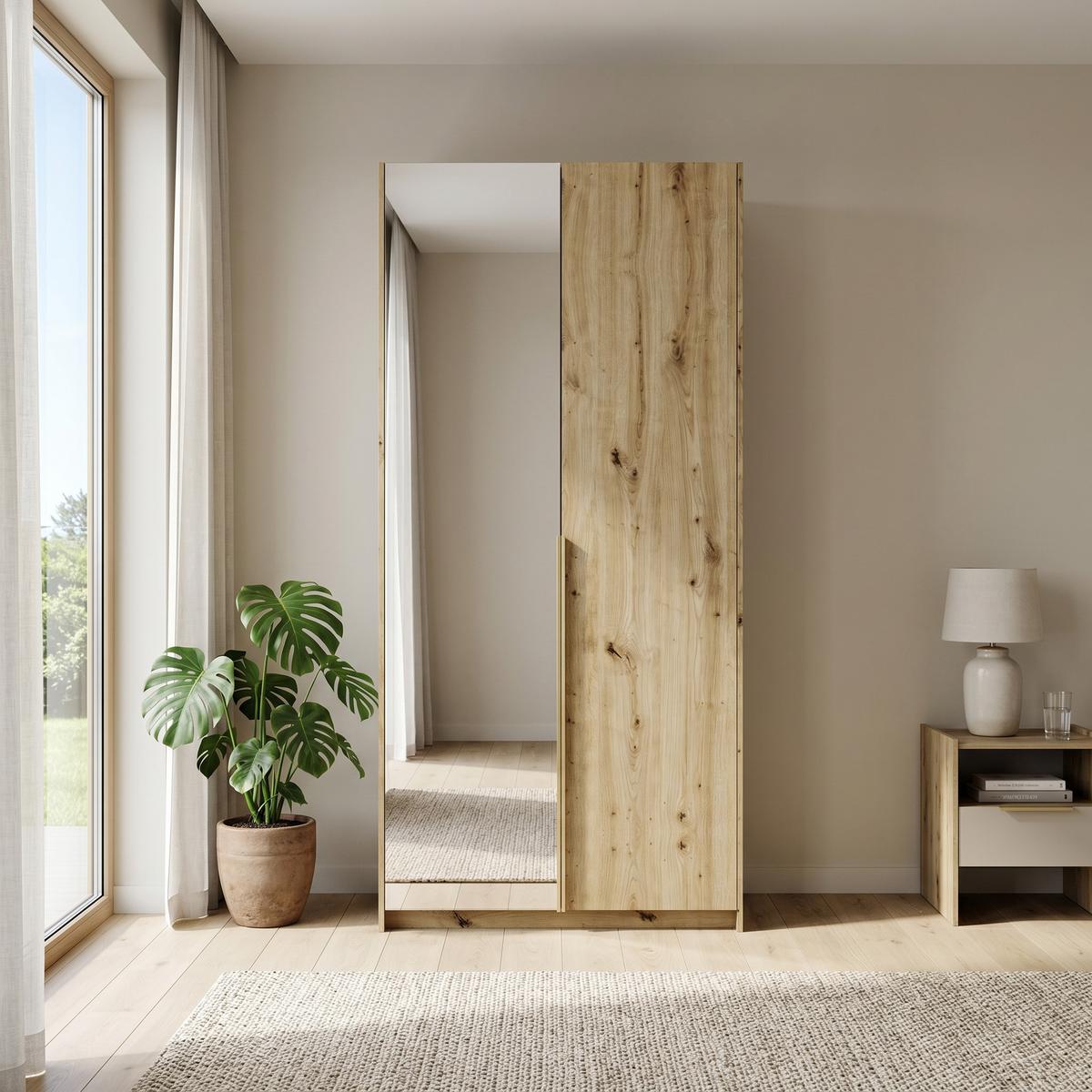 DREHTÜRENSCHRANK THALIA 100/204/58cm 2-türig mit Spiegel Eiche Artisan - Eiche Artisan, Holzwerkstoff (100/204/58cm) - MASSENO