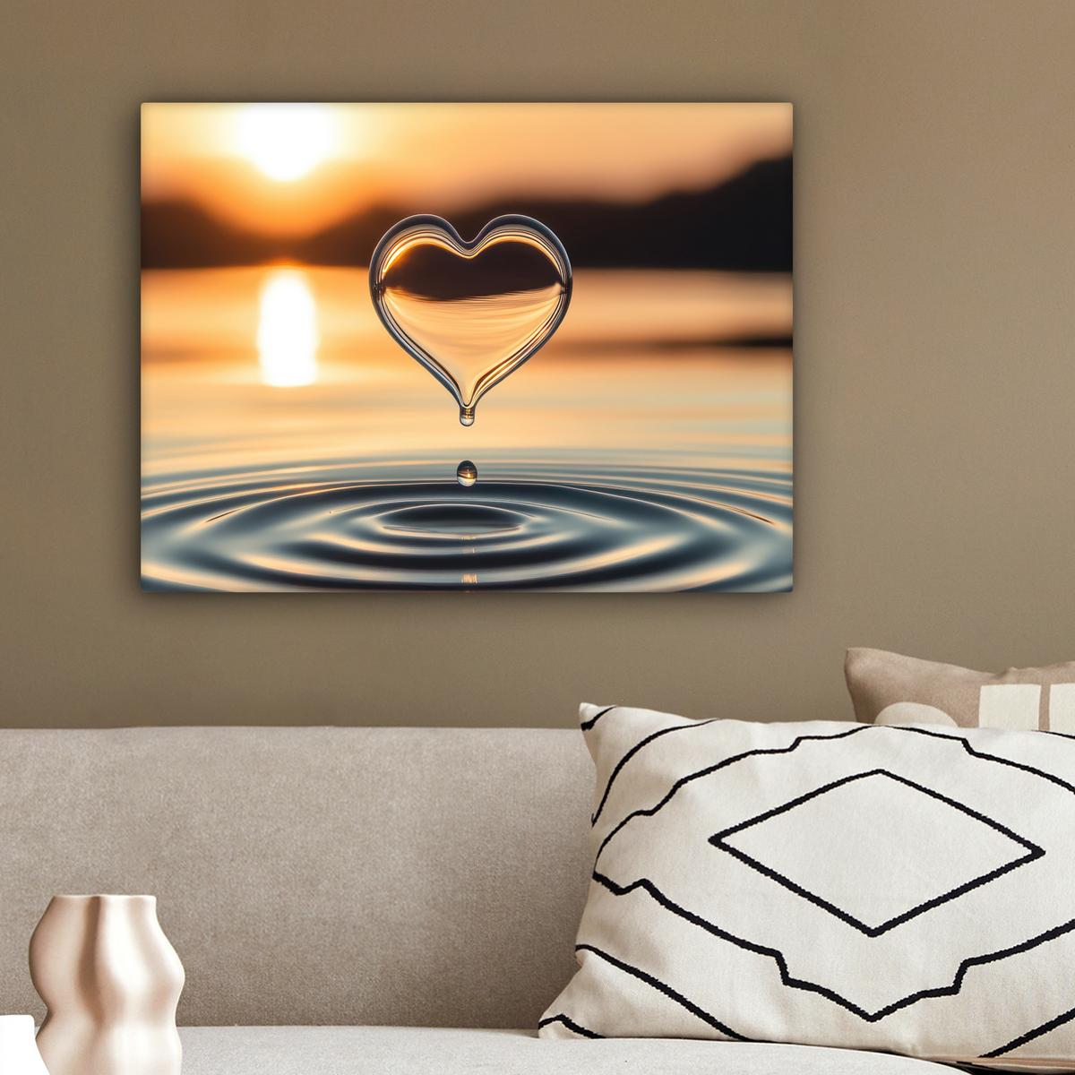 LEINWANDBILD Herz - Wasser - Sonnenuntergang - Natur - Zen Wandbild 40x30 cm - Bernsteinfarben, Textil (40/30cm) - MuchoWow