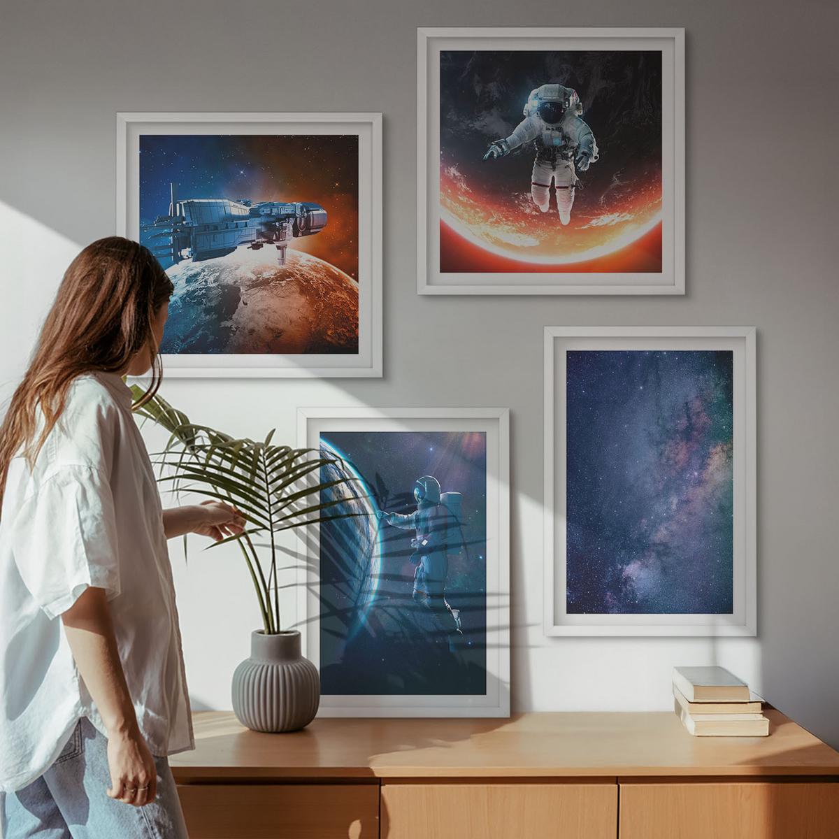 BILDER SET 4er Set - 50x50 cm & 40x60 cm Weißer Rahmen - Weltraum-Astronauten-Sterne - Weiß, Kunststoff (50/50cm) - TULUP