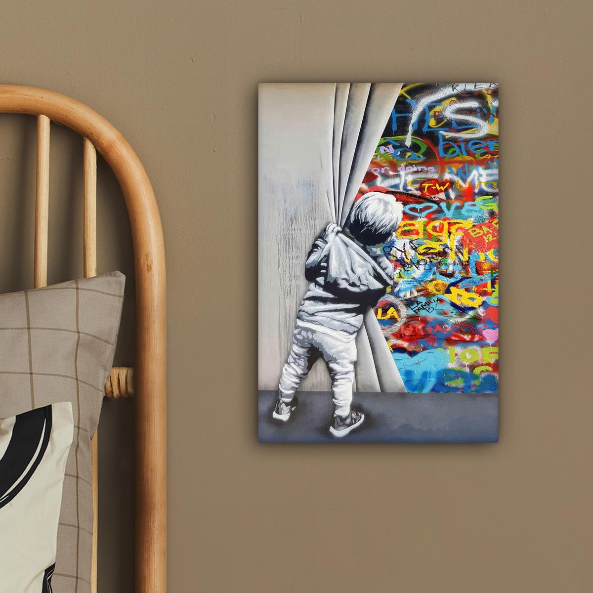 LEINWANDBILD Graffiti - Junge - Ilussie - Straßenkunst Deko Wohnzimmer 20x30 cm - Hellgrau, Textil (20/30cm) - MuchoWow