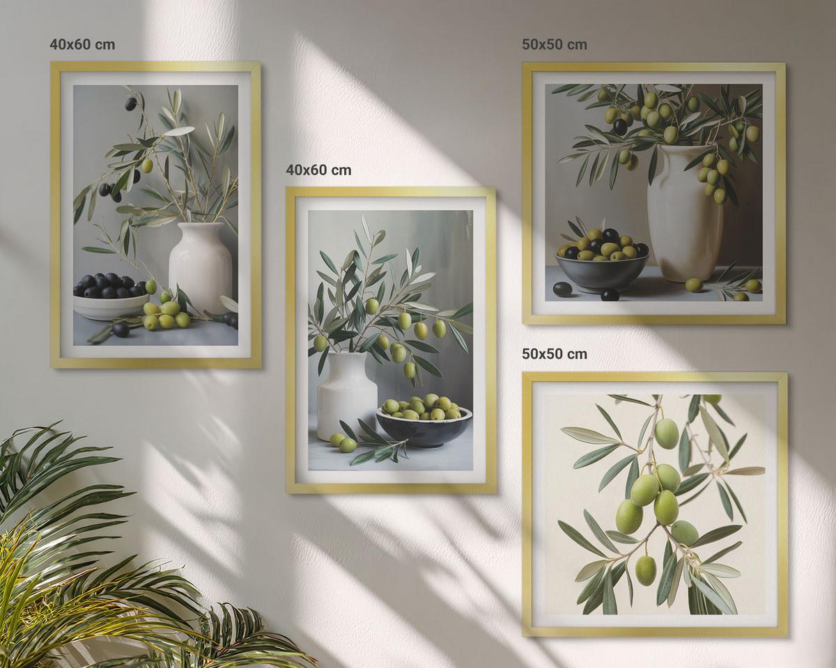 BILDER SET 4er Set - 50x50 cm & 40x60 cm Goldrahmen - Oliven in grauen Vasen - Goldfarben, Kunststoff (50/50cm) - TULUP