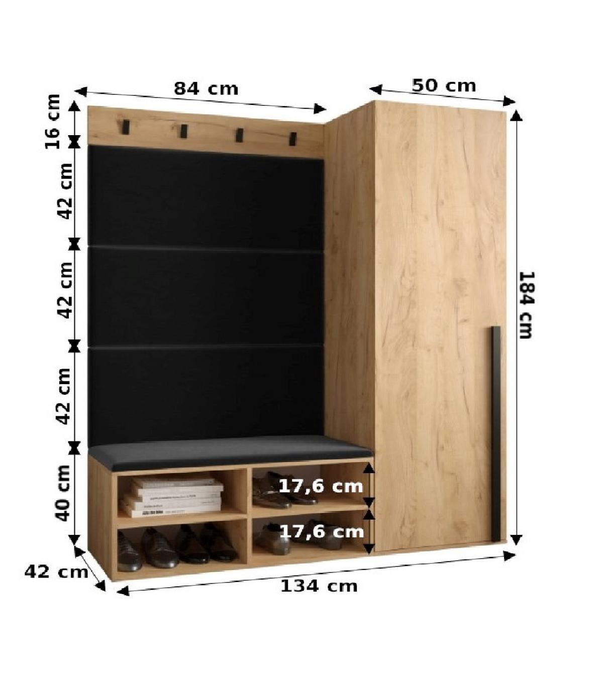 GARDEROBEN-SET 134/184/42 - Eichefarben/Schwarz, Holz/Kunststoff (134/184/42cm) - MÖBEL KRYSPOL
