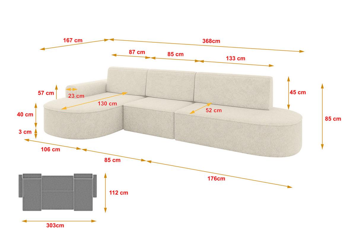 ECKSOFA mit Schlaffunktion Ottomane Links MARI L2-S 368X167X85 Creme Velours - Creme/Schwarz, Holzwerkstoff/Kunststoff (368/167cm) - ALTDECOR