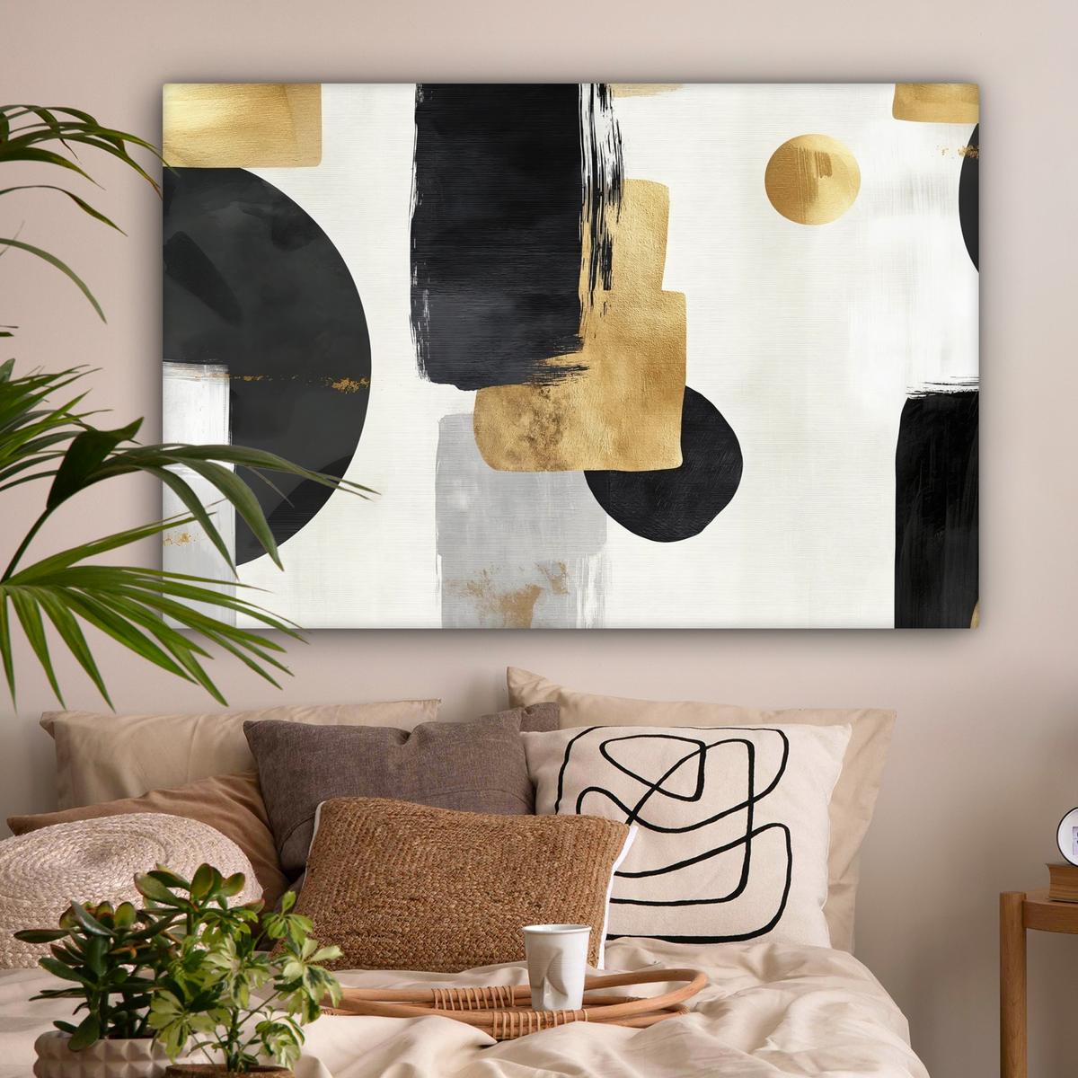 LEINWANDBILD Gold - Rechtecke - Kreise - Abstrakt Wohnzimmer Groß 120x80 cm - Weiß, Textil (120/80cm) - MuchoWow