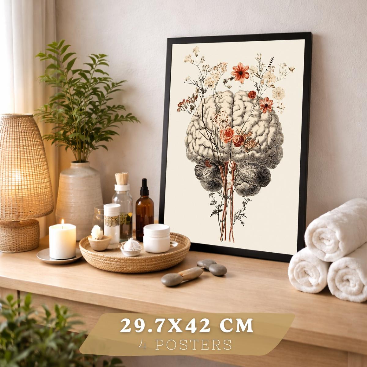POSTER Set aus 4 Anatomie Mensch Dekorative Drucke und Wandbilder mit Blumen Ganzkörper Gehirn Hand und Herz Stil Größe Schwarzer Rahmen A3 - Schwarz, Papier (29.7/42/3cm) - Nacnic