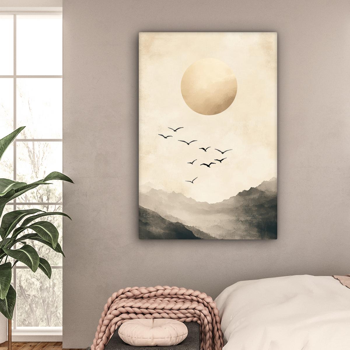 LEINWANDBILD Landschaft - Japandi - Vogel Deko XXL 80x120 cm - Beige, Textil (80/120cm) - MuchoWow